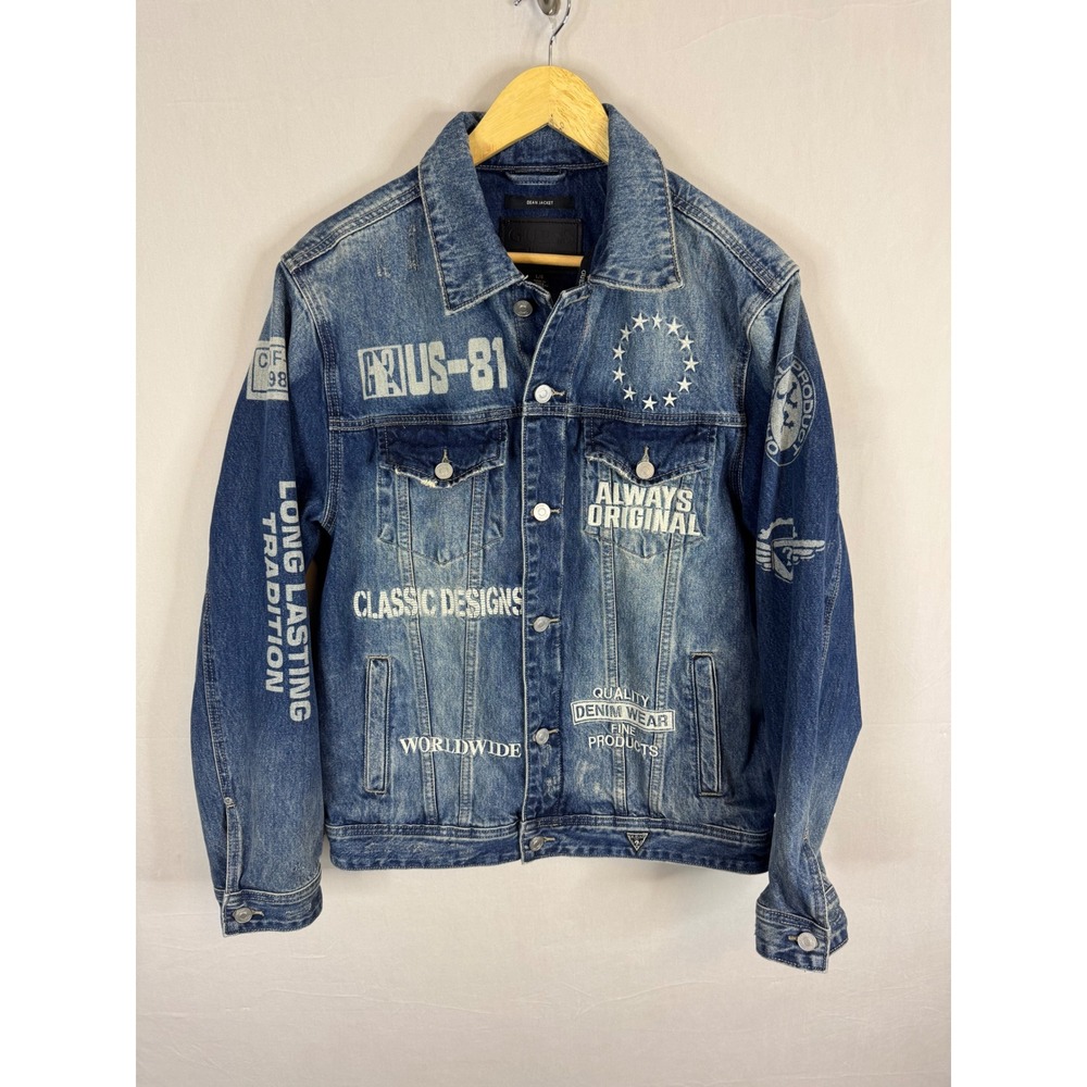 GUESS Dean Jacket Mens Large Blue Denim Graphic Print Trucker Jacket M4BXN6D4XY0